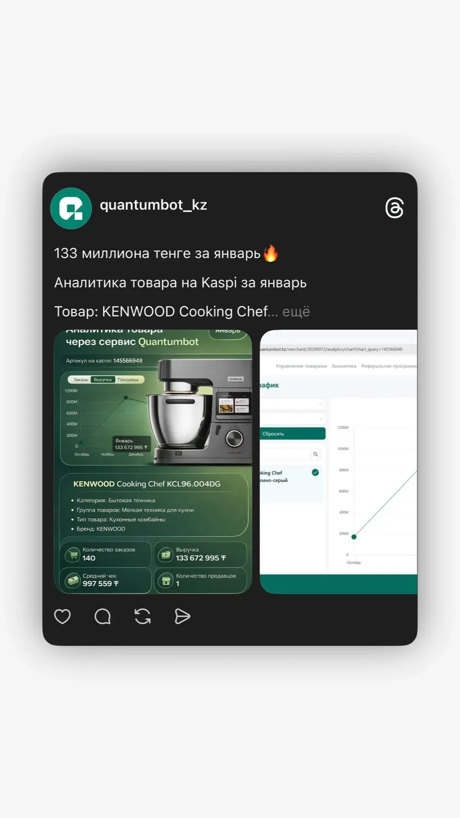 QuantumBot-та Kaspi-дегі KENWOOD тауары бойынша қаңтар аналитикасы ашылған скриншот